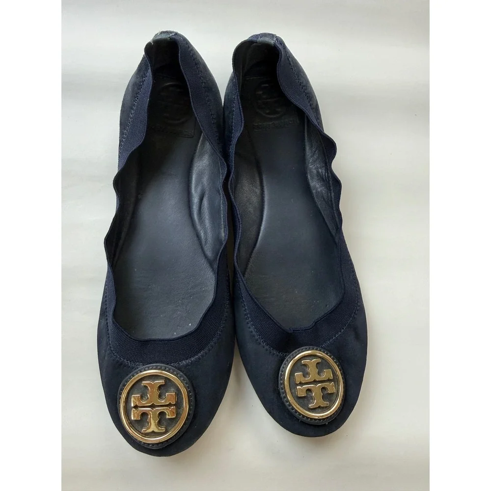 Tory Burch Caroline Navy Suede Leather Flats Sz 9 Gold Logo